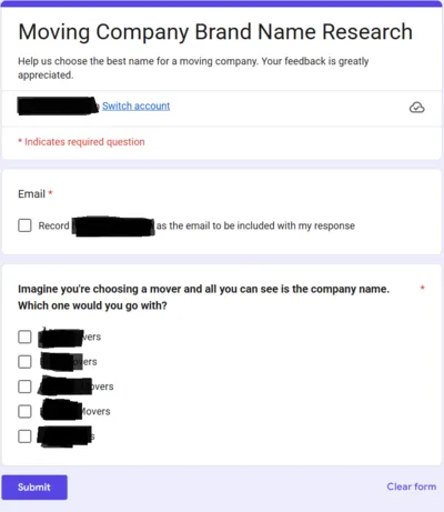 Google Form titled Moving Company Brand Name Research asking: imagine you're choosing a mover and all you can see is the company name, which one would you go with?
